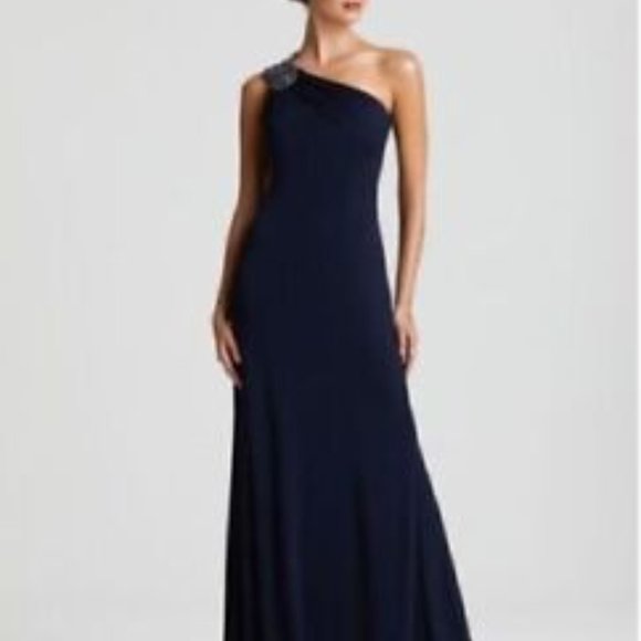 David Meister ~ Navy Jeweled Strappy One Shoulder Jersey Formal Gown Size 2 - Picture 3 of 6